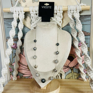 Vieste Silver Beaded Necklace | Faux Pearl Gray Statement • NWT